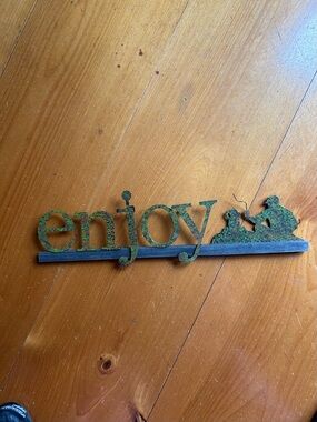 Metal " Enjoy " on Wood Base with Campfire Scene Wall Sign